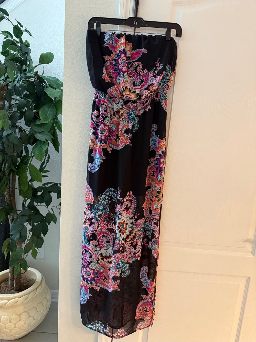 Express Black Strapless Maxi Dress with Pink, Blue & Purple Paisley